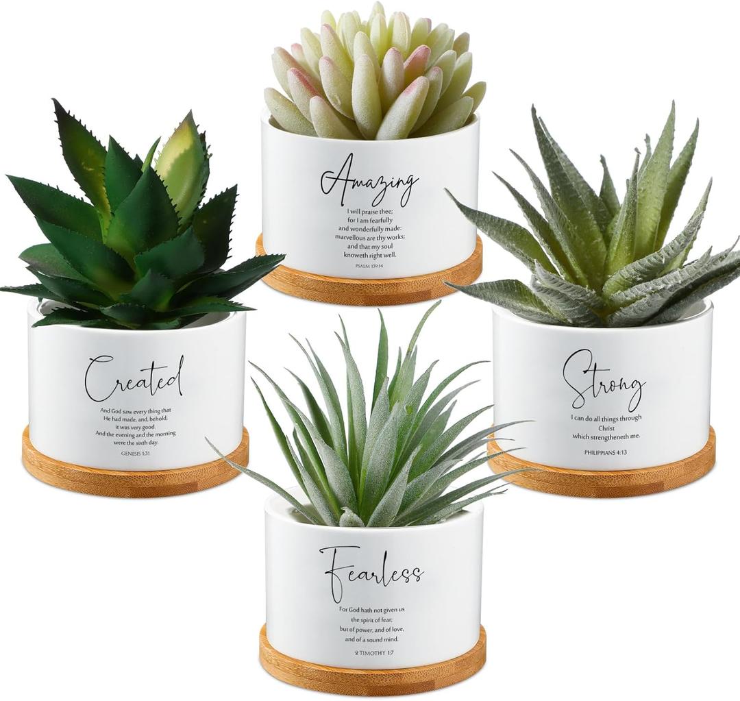 Sieral 4pcs Bible Verse Succulent Pots 3 x 3 x 2 Inch Mini Ceramic Succulent Planters with Bamboo Tray Small Plant Pots Christian Gift for Church Women Men Pastor, Plants Not Included (Classic)