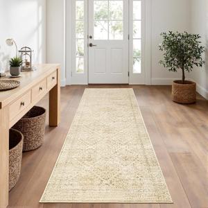 MIULEE 2x6 Washable Hallway Runner Rug, Vintage Long Rug for Hallway Kitchen Bedroom Laundry Room Bathroom, Non-Slip Stain Resistant Soft Throw Carpet Floor Mat, Neutral Beige