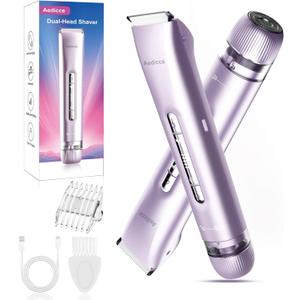 Bikini Trimmer for Women 2 in 1, Dual Head Womens Electric Shaver, Electric Razors for Pubic Hair, IPX7 Waterproof Rechargeable Facial Hair Removal for Shaving Underarm Leg Arm Body Face, Purple