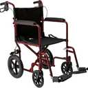 Medline Lightweight Foldable Transport Wheelchair with Handbrakes and 12-Inch Wheels, Red Frame, Black Upholstery