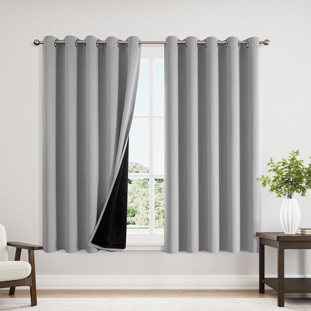 ChrisDowa 100% Blackout Curtains 63 inch Long for Bedroom with Black Liner, Extra Wide 2 Thick Layers Total Blackout Thermal Insulated Grommet Window Curtains 2 Panels Set (Light Grey, 60 x 63 Inch)