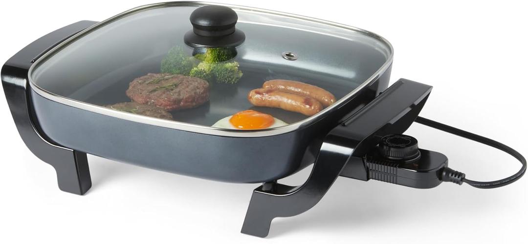 Amazon Basics Electric Skillet and Frying Pan with Glass Lid, Nonstick Ceramic Coating, Cool-Touch Handles, Adjustable Heat, 15.74 x 11.81 x 6.69 inch, Black