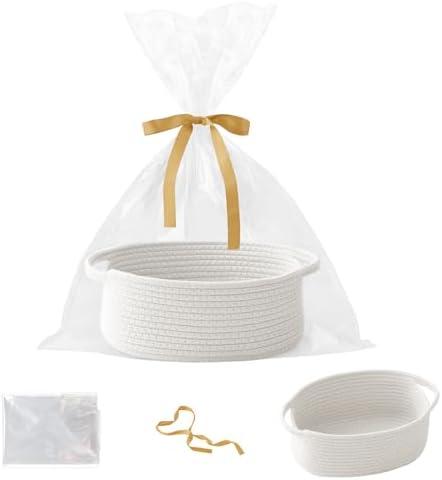 HZFTJOY Small Woven Rope Basket-Empty Gifts Basket with Bag and Ribbons,Cute Handle Organizer Box for Birthday/Baby Shower, Toy Storage, Nursery Organizing & Shelf Decor(White)