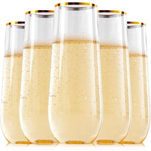 FOCUSLINE 24 Pack 9 Oz Plastic Stemless Gold Rim Champagne Flutes, Heavy Duty, Shatterproof, Disposable & Reusable Crystal Clear Toasting Glasses