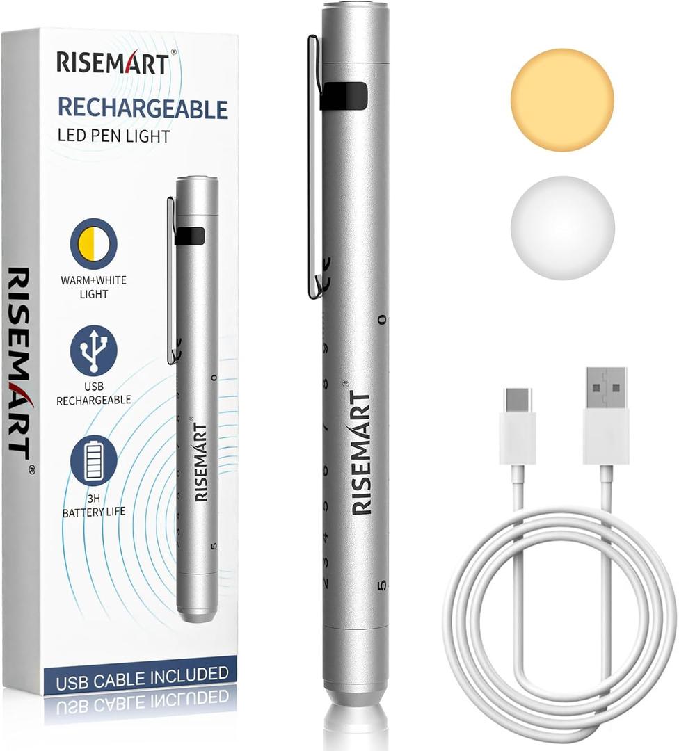 RISEMART Rechargeable Pen Light for Nurse, Rechargeable LED Portable Medical PenLight for Nurse, Doctor, First Aid, EMT, Nursing,Nursing Student,Warm/Cool White Silver1