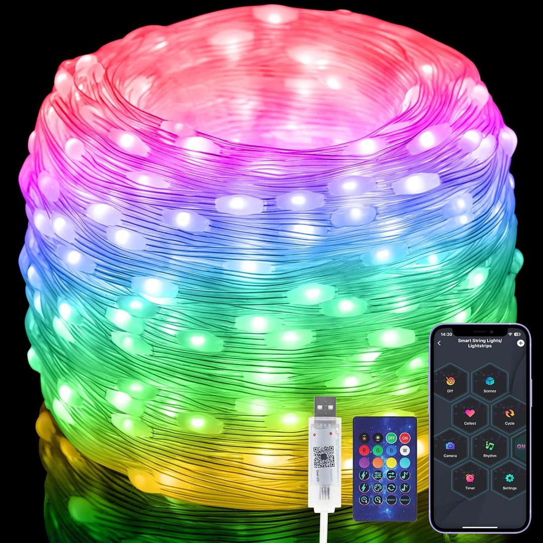 Fairy Lights 66FT/20M, [APP & Remote Control] 200 LEDs RGB Smart IC Multicolor String Lights Indoor, Music/Voice Sync Color Changing, IP65 Waterproof String Lights for Bedroom, Party, DIY