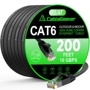 Cat 6 Ethernet Cable 200 ft, High Speed 10Gbps Flat Internet Network Cable, Pure Copper Ethernet Patch Cable Long, Computer LAN Cable with Clips & Straps for Router, Modem, PS4/5, Black