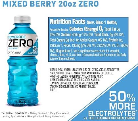 POWERADE Electrolyte Enhanced Zero Sugar Mixed Berry Sports Drink, 20 Ounce (Pack of 24)