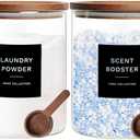 Glass Laundry Storage Containers with Acacia Lids and Scoops, 2 Pack Laundry Room Organization Jars with Labels, Powder Detergent Organizer and Laundry Pod Holder, Glass Laundry Beads Canisters Set