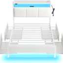 Rolanstar Bed Frame Twin Size with Charging Station and LED Lights, Upholstered Storage Headboard with Drawers, Heavy Duty Metal Slats, No Box Spring Needed, Noise Free, Easy Assembly, White