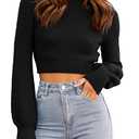 GeGekoko Womens Mock Neck Knit Cropped Sweaters Puff Sleeve Trendy Fall Ribbed Pullover Black, Large