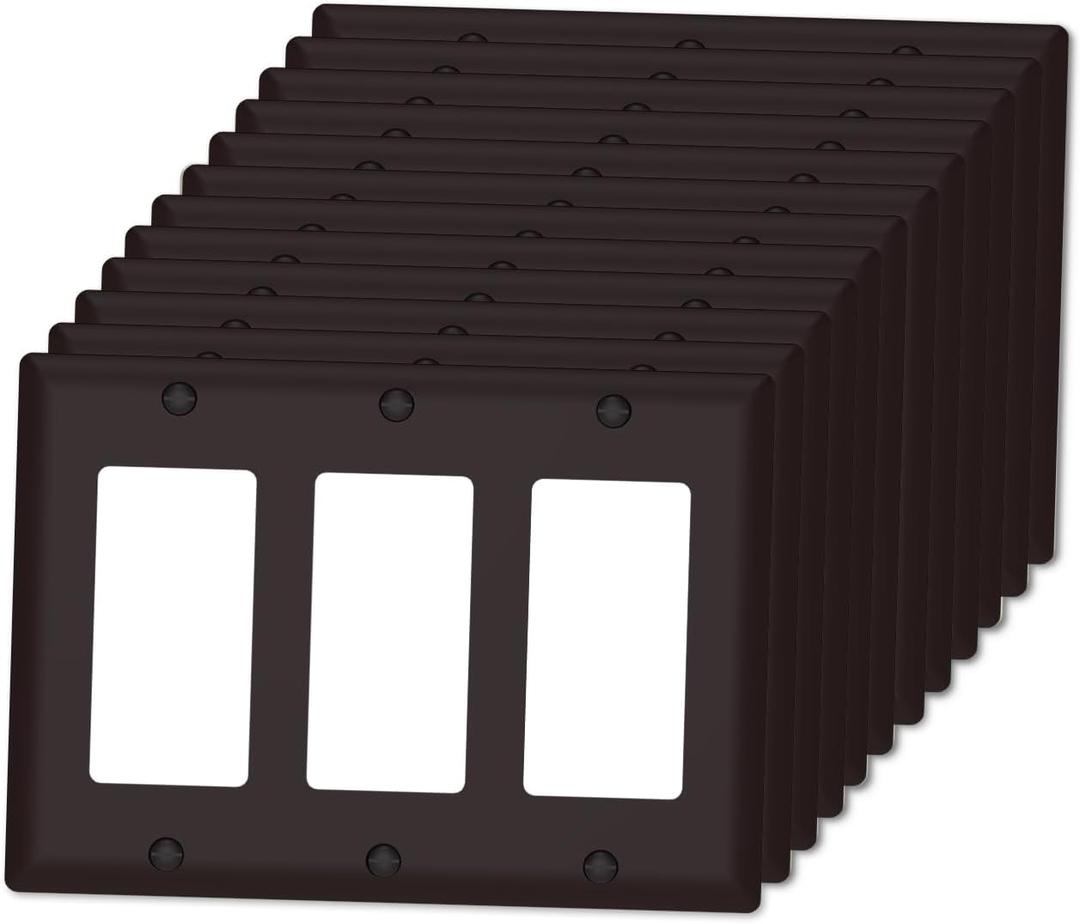 3-Gang Switch Outlet Electrical Cover Plate, Unbreakable Impact Resistant Faceplate Cover for Light Switch, Dimmer, GFCI, Receptacle, Standard Size 4.5x6.38, Brown Finish, 12 Pack