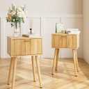 Night Stand Set 2, Oak Nightstand with Fluted Doors, Small Modern Mid-Century Bedside Table for Bedroom, End Table for Living Room