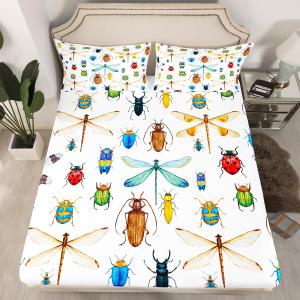 Erosebridal Kids Dragonfly Sheet Set Twin Size Ladybug Fitted Sheet Dragonfly Gifts for Women,Reptile Bedding Set for Boys Girls Children Colorful Bed Sheet Lightweight Bed Decorative(No Flat Sheet) (Twin(39"x75"), Pattern 55)