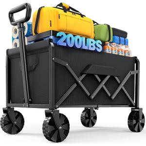 Kitsure Collapsible Wagon with Wheels, Foldable Dog Wagon Carts with 200lbs Load Capacity, Utility Shopping Cart, Black, 28.0" x 17.0" x 36.0"