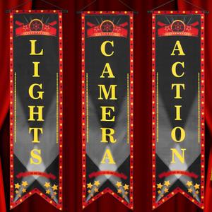 3PCS Movie Night Porch Sign Banner Movie Theme Party Decorations Lights Camera Action Hanging Porch Sign Theater Welcome Now Showing Banner for Film Home Backdrop Party Supplies