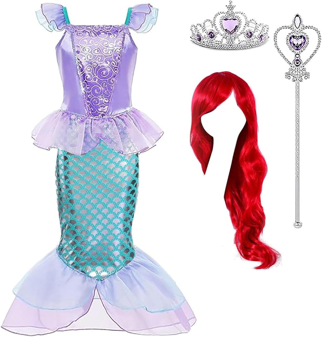 LURLEEZ Mermaid Costume - Arie Dress Up for Girls, Halloween Mermaid Wig (140 6-7 Years, #2)