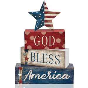 CroBlissful 4 Pcs 4th of July Decorations Patriotic Memorial Day Tabletop Decorations Red White Blue Table Centerpieces Sign for Office Tiered Tray Home Shelf 250th Anniversary(Star Independence Day)