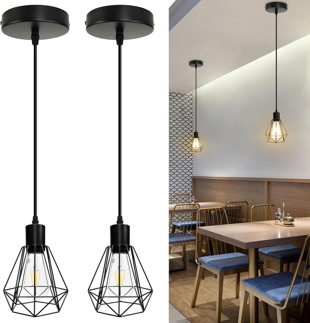 LTBLIGHT 2-Pack Industrial Pendant Light Fixtures, Black Hanging Ceiling Light with Adjustable Height Cord, Modern Pendant Lamps for Kitchen Hallway Bedroom Corridor, E26 Base(Bulbs Not Included)