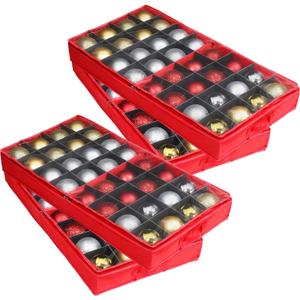 Nosiny 4 Pack Red Christmas Ornament Storage Organizer 33 x 16.5 x 4 Inch Large Tray Organizer Boxes with Dividers Transparent Top Zipper Closure and Handles for Fragile Holiday Fragile Ornament