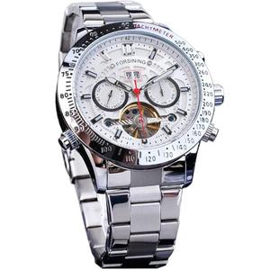 FORSINING Men Tourbillon Mechanical Self-Wind Watch, Day Date Month Full Calendar, Luminous Tachymeter Multifunctional Automatic Watches, Carved Big Dial Stainless Steel Band Wrist Watch, White Case