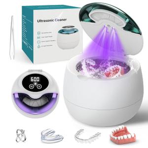 Ultrasonic Denture Retainer Cleaner Machine - 45kHz Retainer Cleaner Machine with 200ML Dental Cleaning Pod, 4 Modes Ultrasonic Cleaner for Denture, Mouth Guard, Aligner, Braces, Toothbrush, Jewelry (White)