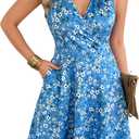 Casual Sleeveless Summer Dresses for Women | Floral Sundress, Wrap V-Neck, Elastic Waist with Pockets, Fit and Flare A-Line Design for Vacation, Beach, Casual Wear (M)