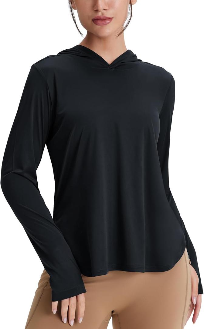 Women's Rash Guard Long Sleeve UV Sun Protection Shirts with Thin Hoodie UPF 50+ Lightweight SPF Tops for Hiking (Black)