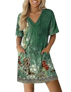 Ekouaer Nightgowns for Women Short Sleeve Sleep Shirt V Neck Night Gown With Pockets Soft Pajamas Dress Casual Sleepwear L