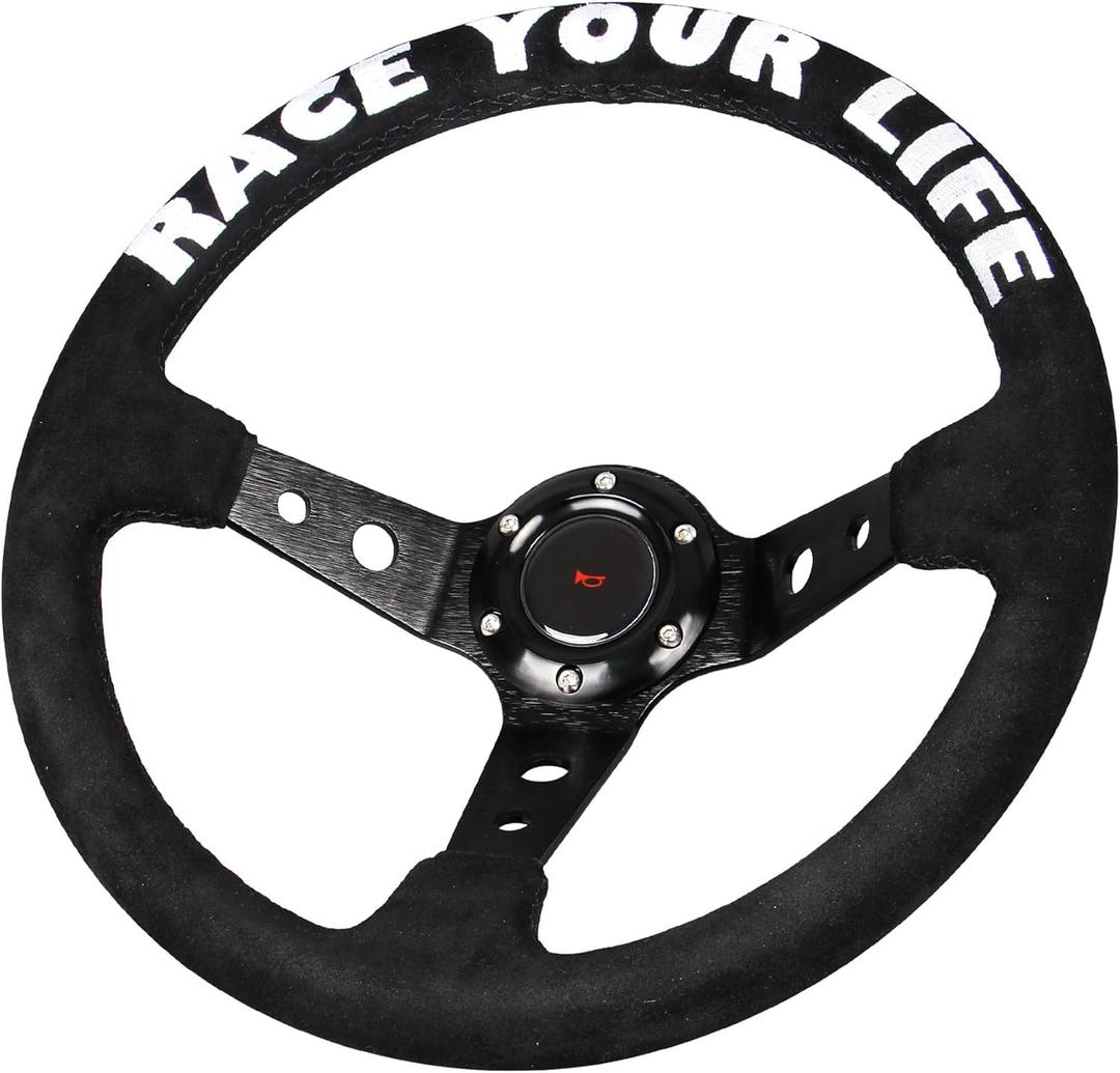 13.8''Universal Deep Dish Racing Steering Wheel Suede Leather Wrapped 6 bolts Drifting Sport Steering Wheel with Horn Butto (Black)
