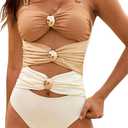 Women's One Piece Swimsuits Cutout Sexy Bathing Suits Retro Adjustable Straps Swimwear (Large, Khaki)