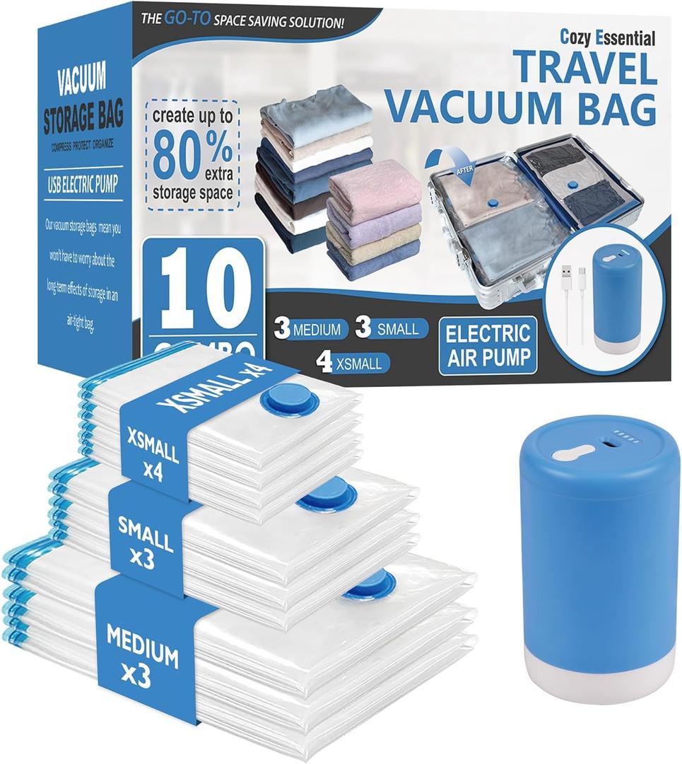 10 Pack Travel Vacuum Storage Bags with Rechargeable Wireless Electric Pump for Luggage, Suitcase, Carry-on Size Vacuum Seal Compression Space Saver Bags for Clothes and Clothing Travel