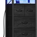 Furnulem Tall Night Stand with Charging Station and Led Light, Small Dresser with Open Shelf and 4 Storage Drawers, Black Side Table Fabric Nightstand for Bedroom, Entryway, Bedside Furniture | and Led Light, 4 Storage Drawers, Open Shelf, Entryway, for Bedroom
