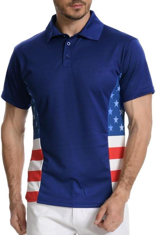 H HYFOL Short Sleeve Polo Shirts for Men Star Patchwork Graphic Stretch Casual American Patriotic Raglan Golf Polos for Men (Blue, XL)