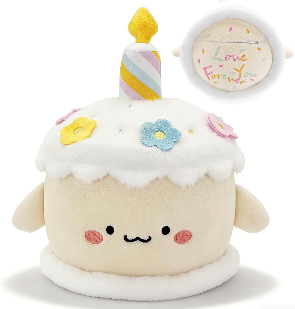 Birthday Cake Stuffed Toy Cute Cake Plush Dessert Plush with Hidden Pocket Love You Forever Embroidery 8.6" for Kids Adults Home Desk Decor (Beige-Yellow)