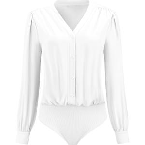 Hobemty Women's Button Down Bodysuit Long Sleeve V Neck Classic Business Work Shirt Top (White, XL)