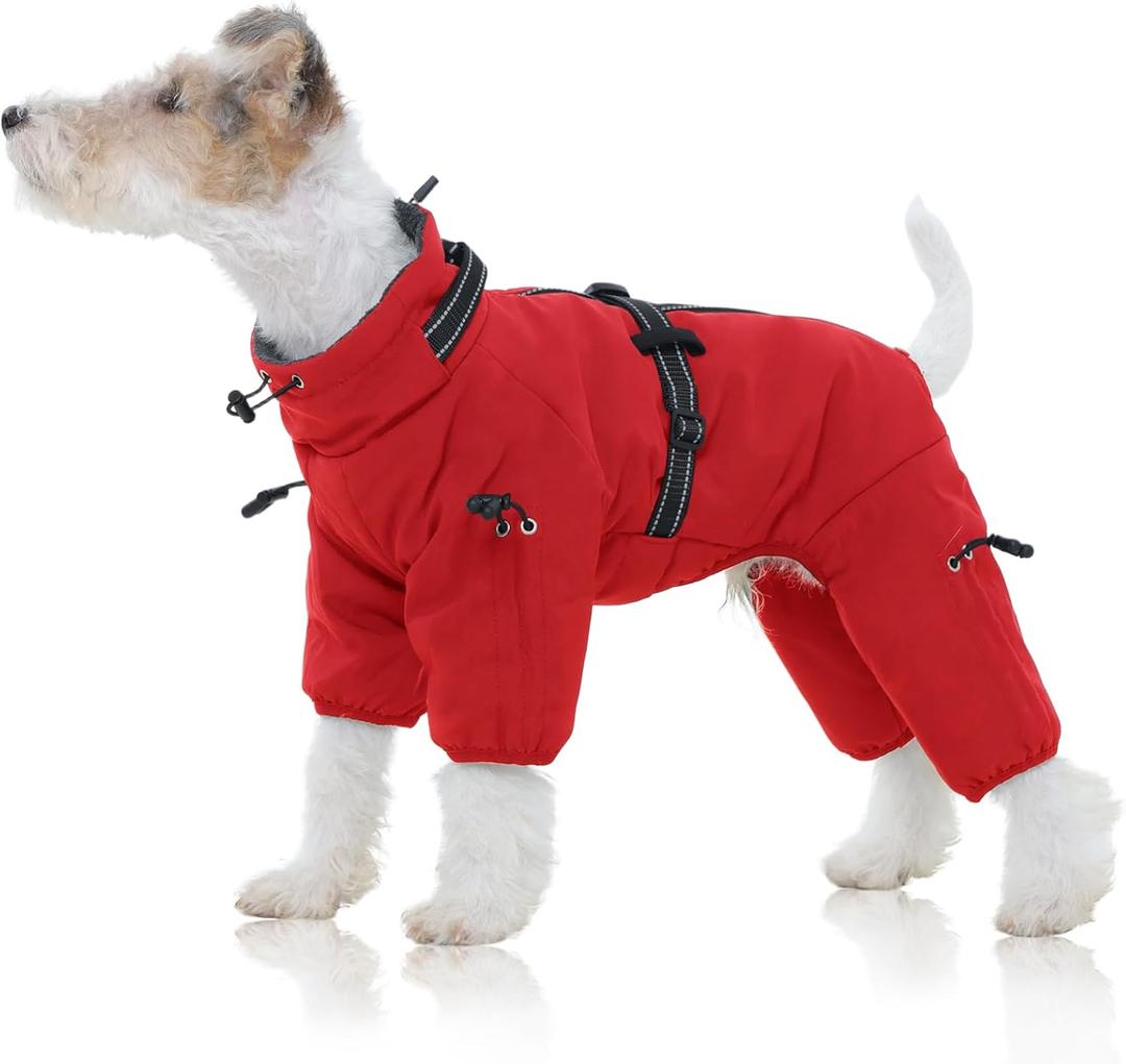 FUAMEY Full Body Dog Coat,Warm Dog Fleece Jackets with Harness Built in Windproof Dogs Snowsuit Zip up Pet Four Legged Pets Jumpsuit Winter Outfit Cold Weather Coats for Small Dogs Red, S