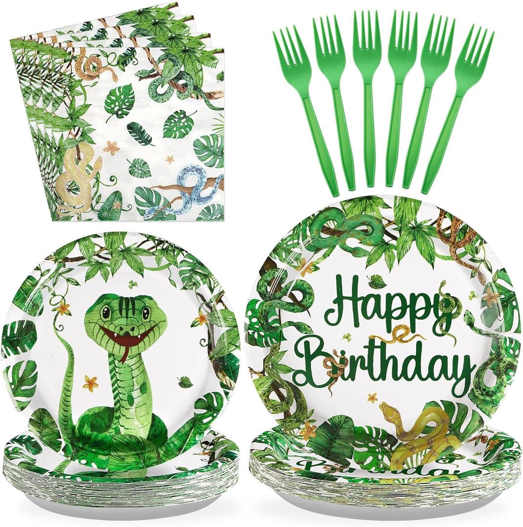96 Pcs Snake Birthday Party Supplies Reptile Jungle Swamp Snake Plates and Napkins Tableware Sets Reptile Party Decorations Favors for Kids Camping Alligator Wilderness Wildlife Theme Decor,Serves 24