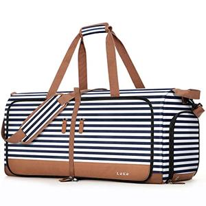 Lekesky Foldable Travel Duffle Bag for Women, 80L Large Duffel Bag with Separate Shoes Compartments & Straps, Carry On Weekend Bag for Women, Hospital, Overnight (Blue Stripes)