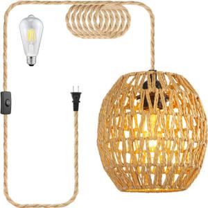 SLYYMY Plug in Pendant Light, 15FT Hemp Rope Cord, Hanging Lamps Rattan Pendant Light, On/Off Switch Hanging Lights for Bedroom Living Kitchen