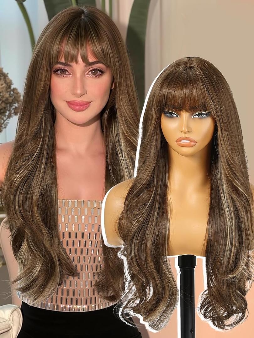 Brown Blonde Highlight Wigs with Bangs,Brown Layered Wig for Women,Long Wavy Wigs Synthetic Hair Wig for Party Daily Use 26IN