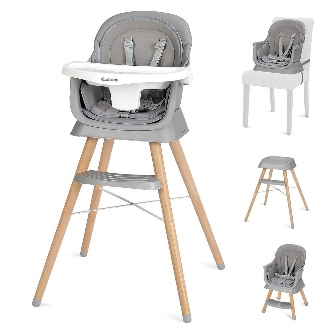Ezebaby Portable Baby High Chair, High Chairs for Babies and Toddlers with Adjustable Legs, 6-in-1 Convertible to Booster Seat for Dining Table, Toddlers High Chair with Double Cushions - Grey (Grey)