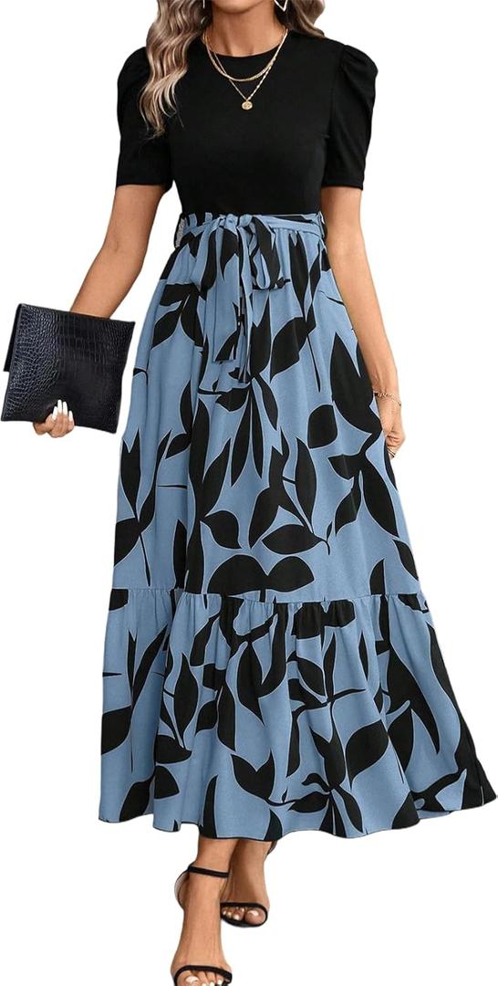 PerZeal Women's Casual Summer Crewneck A Line Short Sleeve Print Flowy Boho Long Maxi Dress with Belt (L)