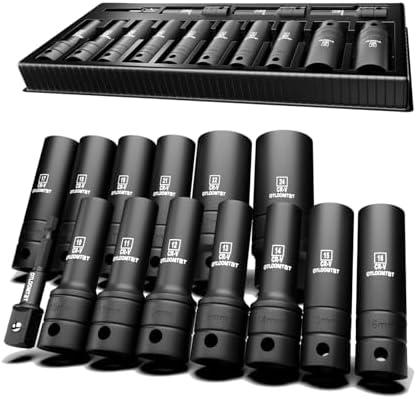 OTLOOMTBT 10-Piece 1/2-Inch Super-Rugged and Durable Impact Socket Set, Well-Made Industrial Grade Thicker Metric Deep Sockets & Socket Sets with Drill Socket Adapter 1/2 Drive, exceed than ANSI