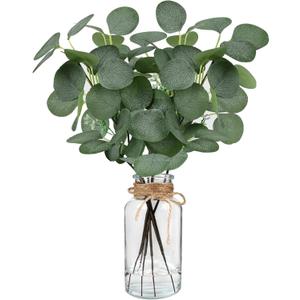 Artificial Eucalyptus Stems in Glass Vase 14" 6Pcs Faux Eucalyptus Branches Home Table Decor Fake Greenery Plants Stems for Farmhouse Wedding Centerpiece Bathroom Decorations (No Faux Water Green Eucalyptus With Vase)