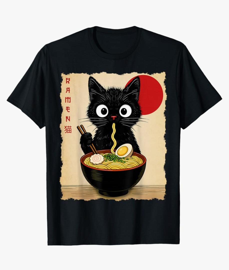 Anime Cat Ramen Japanese Funny Cat Graphic Tees Anime Gifts T-Shirt, L