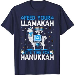 Feed Your Llamakah It's Time For Hanukkah Llama Chanukah T-Shirt(2XL, Navy Blue)