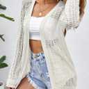 Women's Crochet Cardigan Sweater Long Sleeve Open Front Lightweight Boho Cover Up Summer Knit Cardigans, X-Large, Beige (Beige, XL)