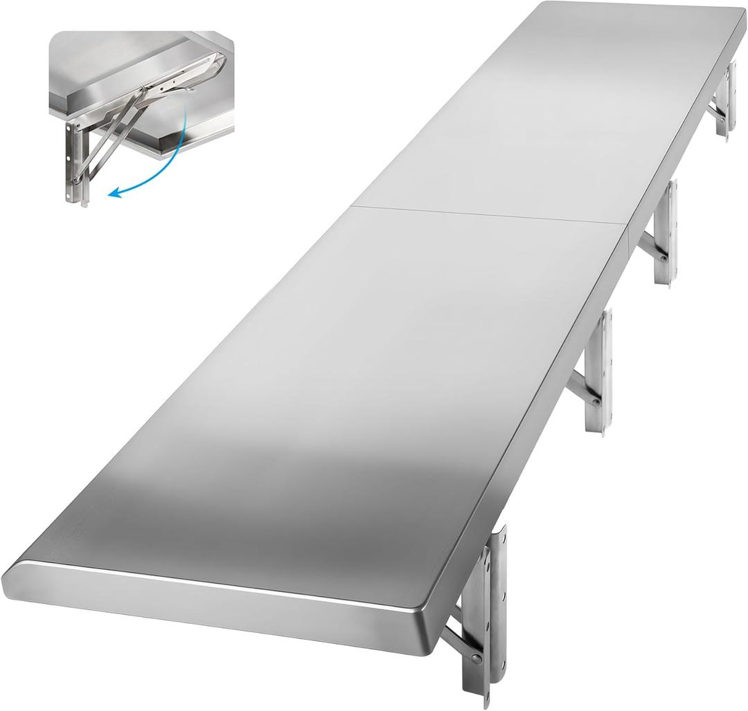 Folding Concession Stand Shelf 18" x 72" Spliced Style for Kitchen | Stainless Steel Drop Down Serving Food Shelf, Easy to Clean & Space-Saving Concession Shelves for Garage, Food Cart