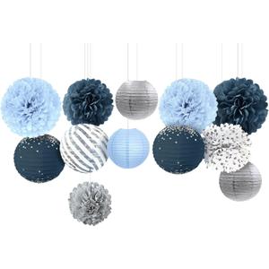 NICROLANDEE Dusty Blue Wedding Decorations, 12 PCS Blue Grey Tissue Pom Poms Paper Lanterns Decor for Birthday, Bridal Shower, Baby Shower, Bachelorette Party Hanging Decoration Supplies